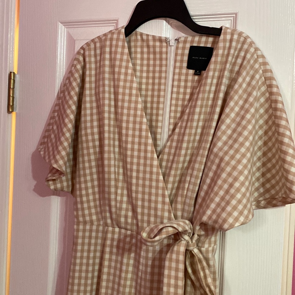 Alex Marie Juliana Gingham Print Linen Blend V-Neck Jumpsuit